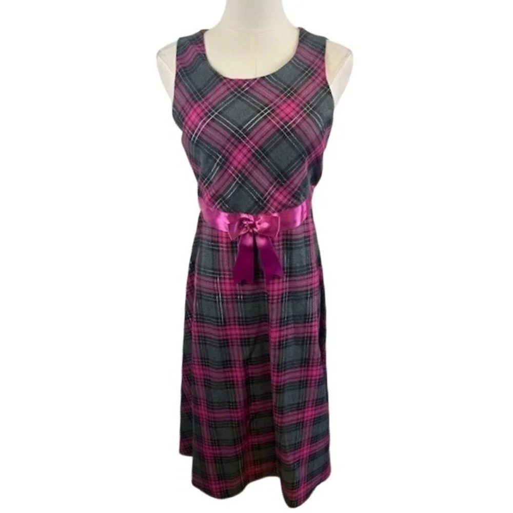 Bonnie Jean‎ Plaid Dress Sleeveless Pink Gray Ribbon Tie Girls Size 16